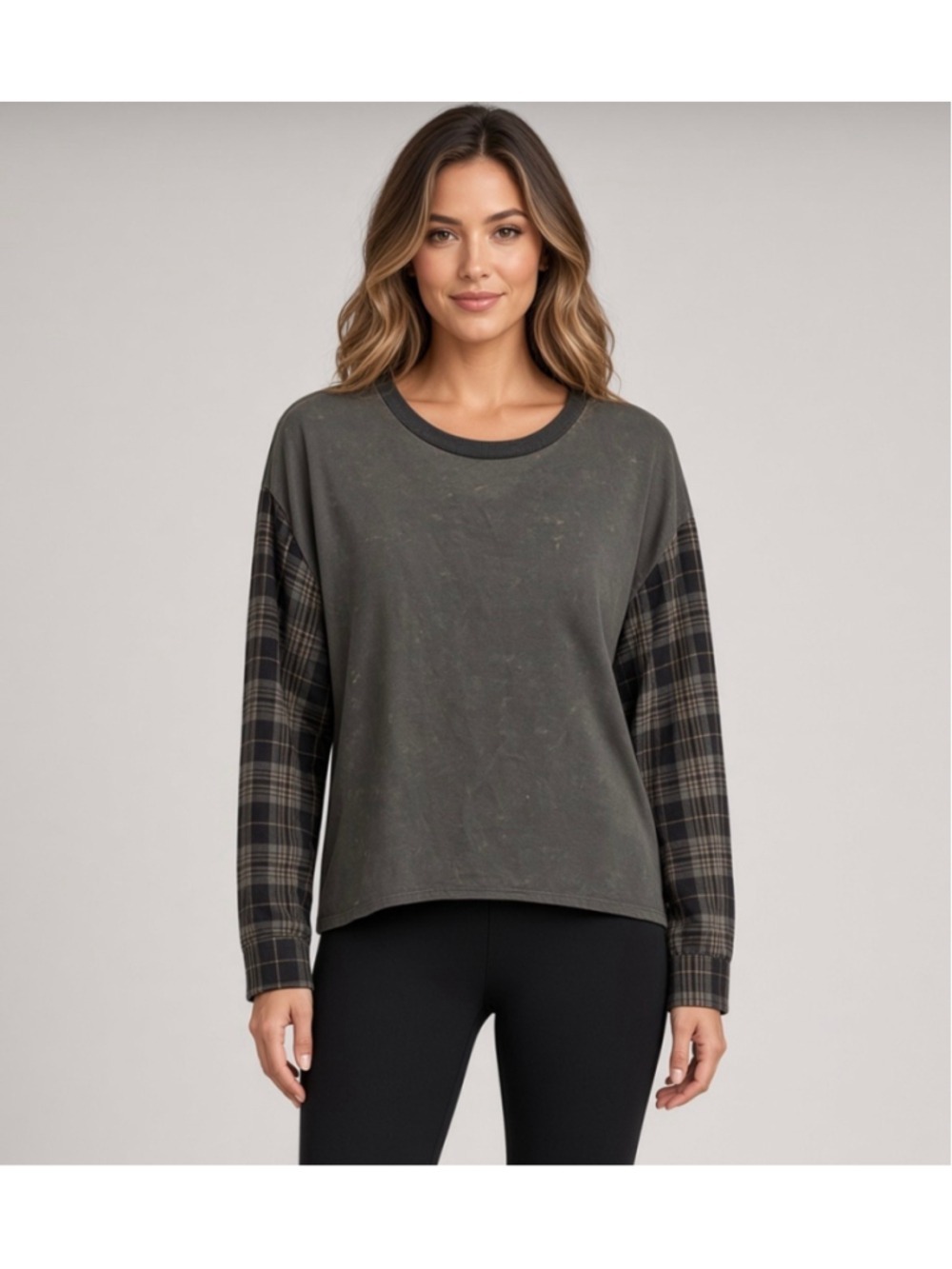 Gilded Intent Grey Acid Wash Plaid Contrast Long Sleeve Top Tee Shirt Size L